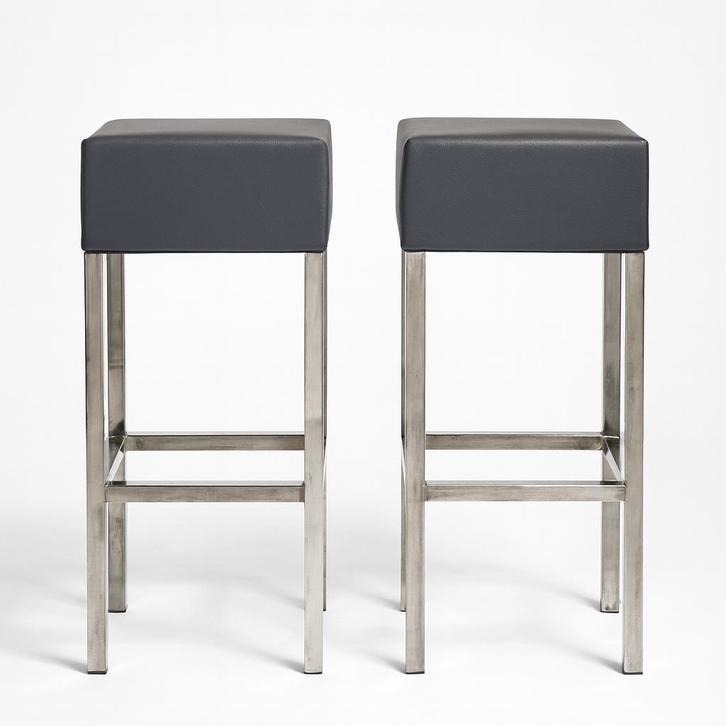 2 moderne barkrukken – zwart kunstleer & RVS – 80 cm hoog, Huis en Inrichting, Barkrukken, Zo goed als nieuw, 60 tot 90 cm, Metaal