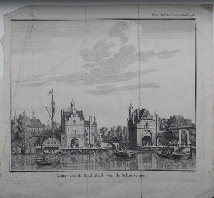 14 / Gezicht van stad Delft van de Schie te zien van Philips, Antiek en Kunst, Kunst | Etsen en Gravures, Ophalen of Verzenden