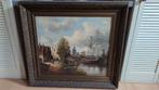 Olieverfschilderij met Schepen en Dorpsgezicht, Antiek en Kunst, Kunst | Schilderijen | Klassiek, Ophalen of Verzenden