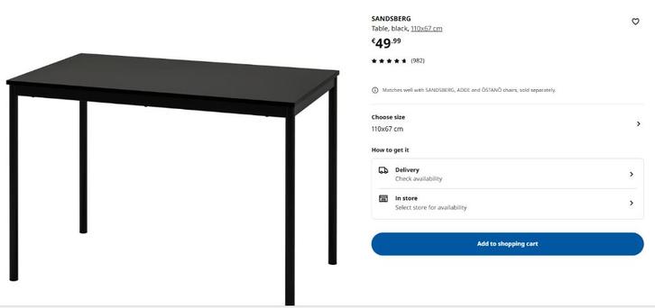 IKEA SANDSBERG tafel zwart, Huis en Inrichting, Tafels | Eettafels, Zo goed als nieuw, 50 tot 100 cm, 50 tot 100 cm, Vier personen