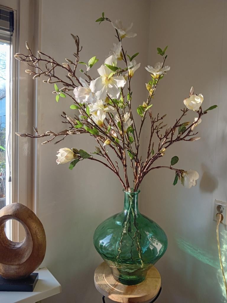 Grote magnolia takken 85cm met bloemen, Ophalen of Verzenden, 75 cm of meer, Groen, Glas