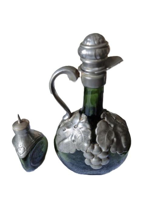 Glazen karaf + elixer flesje met tinnen behuizing groen glas, Antiek en Kunst, Antiek | Glas en Kristal, Ophalen of Verzenden