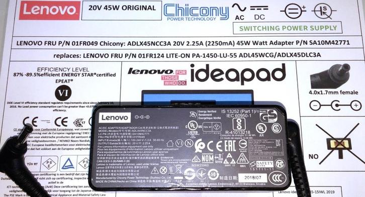 LENOVO 01FR049 Chicony 20V 2.25A 45W Adapter 4.0x1.7mm lader, Computers en Software, Laptop-opladers, Zo goed als nieuw, Ophalen of Verzenden
