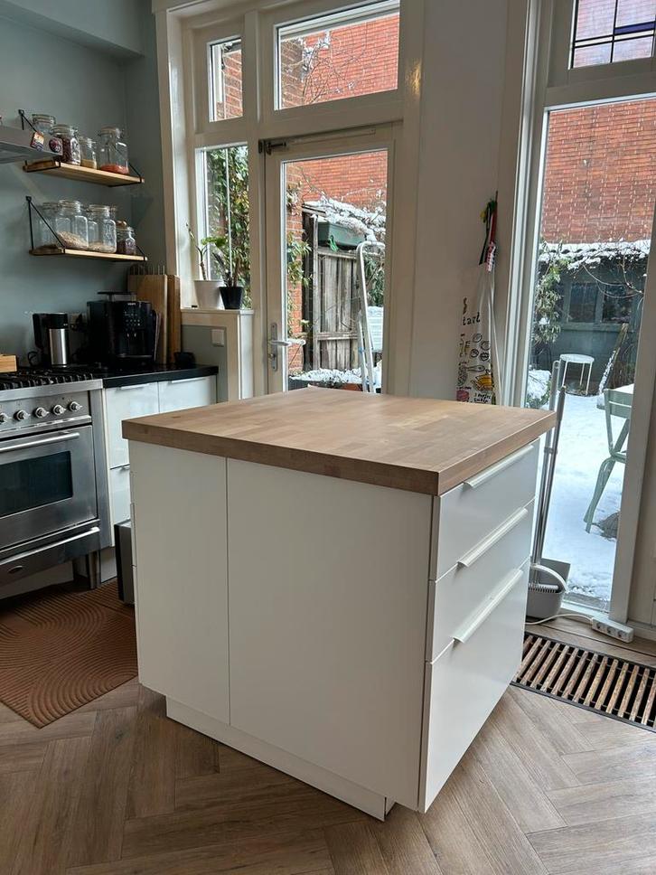 Keukeneiland met beukenhouten blad en 8 lades, Huis en Inrichting, Keuken | Keukenelementen, Gebruikt, Minder dan 100 cm, 100 tot 150 cm