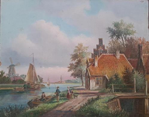 Huisje aan het water met zeilboten - John Haanstra (1945), Antiek en Kunst, Kunst | Schilderijen | Klassiek, Ophalen of Verzenden