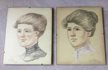 2  krijttekeningen portretten dames gesineerd Carol Polge  beschikbaar voor biedingen