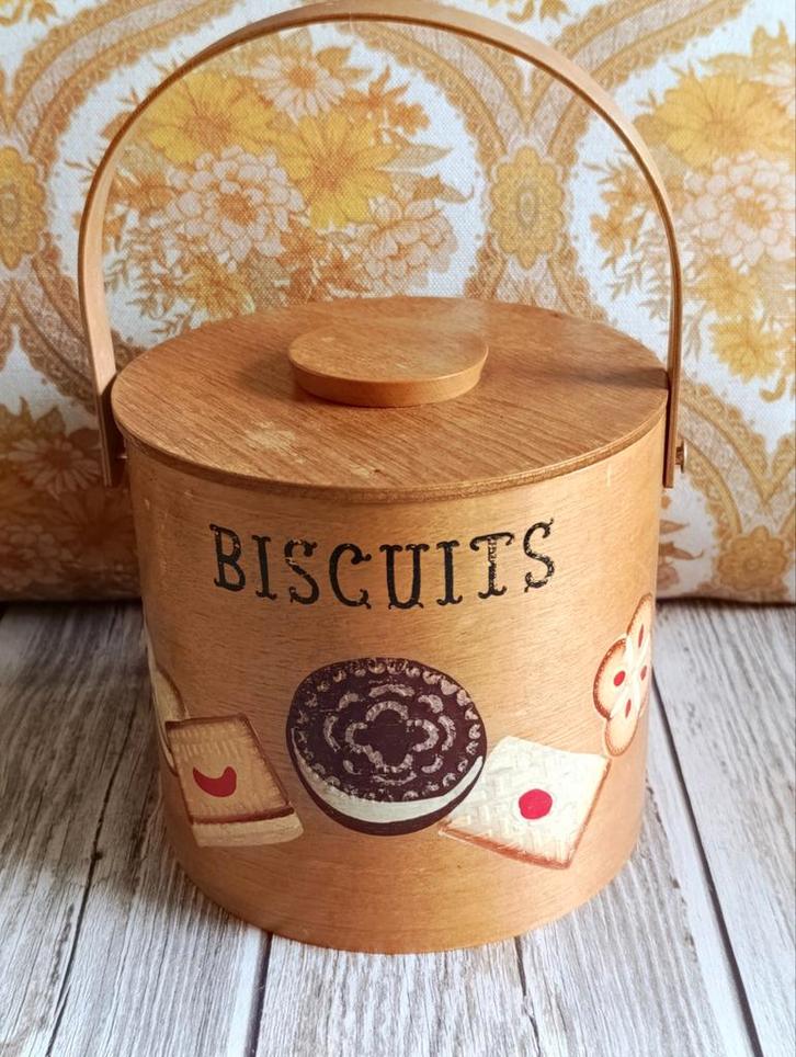 Vintage houten koektrommel "Biscuits", Japan, jaren '60, Huis en Inrichting, Keuken | Potten en Pannen, Gebruikt, Pot, Bus of Blik