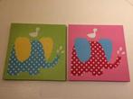 Twee Schilderijtjes met olifant voor meisje babykamer, Ophalen, Zo goed als nieuw, Wanddecoratie