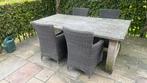 Handgemaakte robuuste Eiken buitentafel + 4 stoelen/ kussens, Ophalen, 4 zitplaatsen, Gebruikt, Eettafel