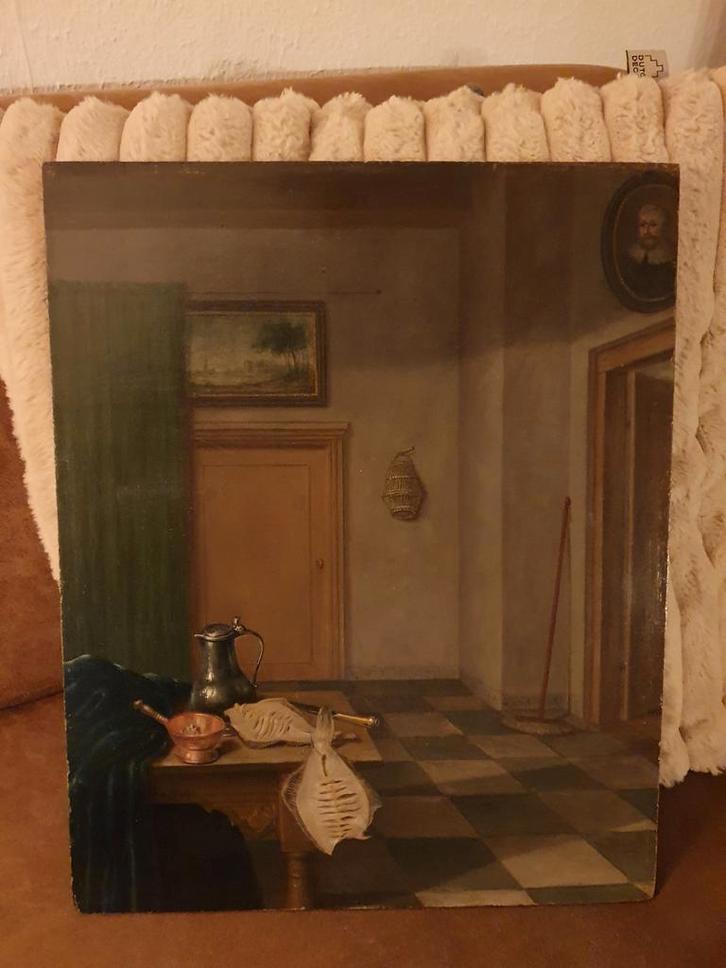Schilderij Interieur met Stilleven, Antiek en Kunst, Kunst | Schilderijen | Klassiek, Ophalen of Verzenden