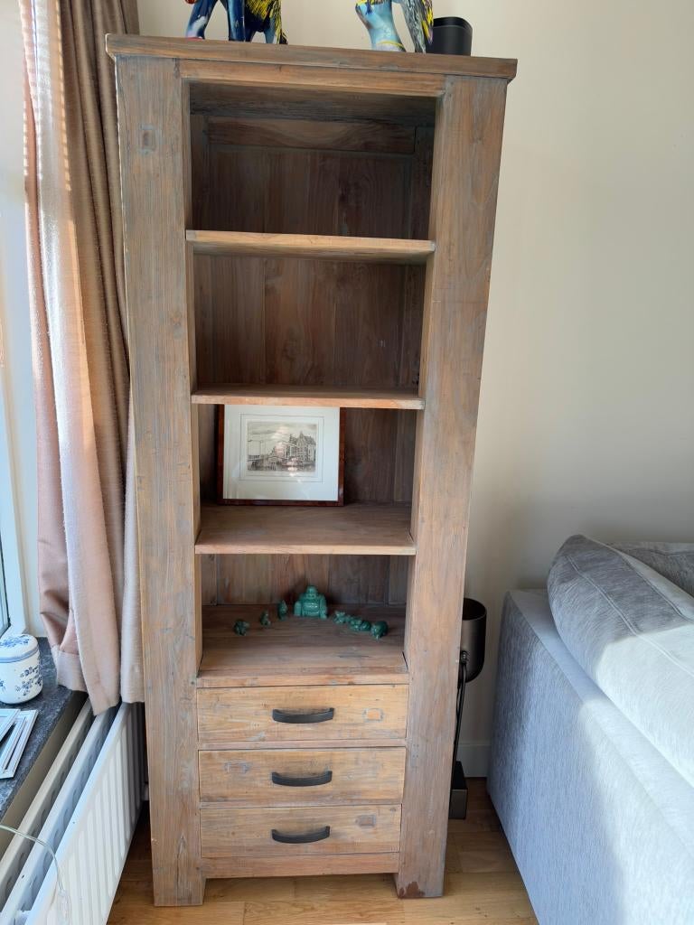 Boekenkast van teak met ladelandelijk robuust grey wash look, Huis en Inrichting, Kasten | Boekenkasten, Ophalen, Met plank(en)
