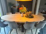 Houten eettafel met metalen onderstel incl 8 eetkamerstoelen, Ophalen, Gebruikt, 100 tot 150 cm, 200 cm of meer