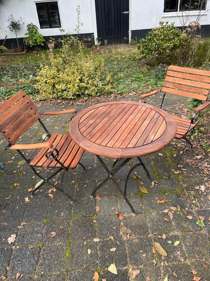Hard Houten Franse Tuinset met 2 Stoelen, Tuin en Terras, Tuinsets en Loungesets, Gebruikt, Tuinset, Hout, 2 zitplaatsen, Stoel