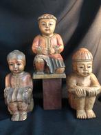 Drie oude Aziatische houten beeldjes kind figuren platina kl, Ophalen of Verzenden