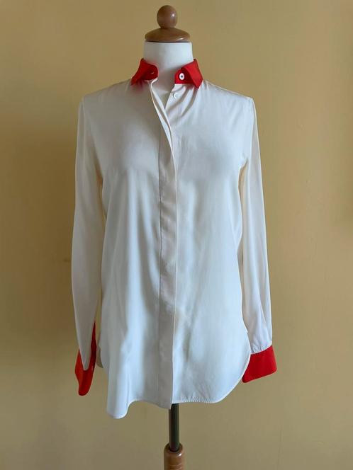 Céline crèmekleurige zijden blouse met oranje. Maat 36, Kleding | Dames, Blouses en Tunieken, Zo goed als nieuw, Maat 36 (S), Overige kleuren