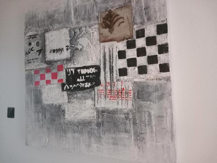 Abstract Schilderij met Vierkant Motief, Antiek en Kunst, Kunst | Schilderijen | Abstract, Ophalen of Verzenden