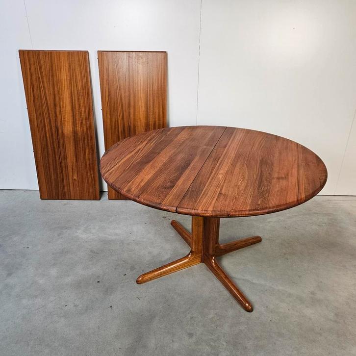 Vintage Deense uitschuifbare eettafel rond, massief teak, Antiek en Kunst, Antiek | Meubels | Tafels, Ophalen of Verzenden