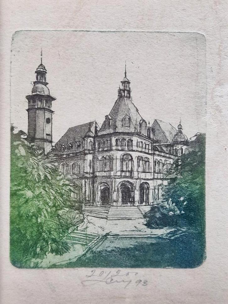 Ets van stadspoort/kasteeltoren, Antiek en Kunst, Kunst | Etsen en Gravures, Ophalen of Verzenden