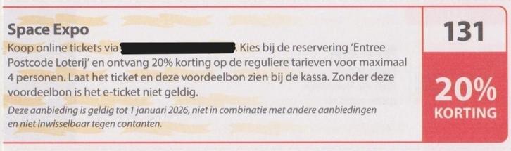 Space Expo Noordwijk 20% korting. Postcodeloterij bon nr 131, Tickets en Kaartjes, Musea, Drie personen of meer, Kortingskaart