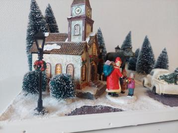 Kerst tafereel met kerk en us mem beschikbaar voor biedingen