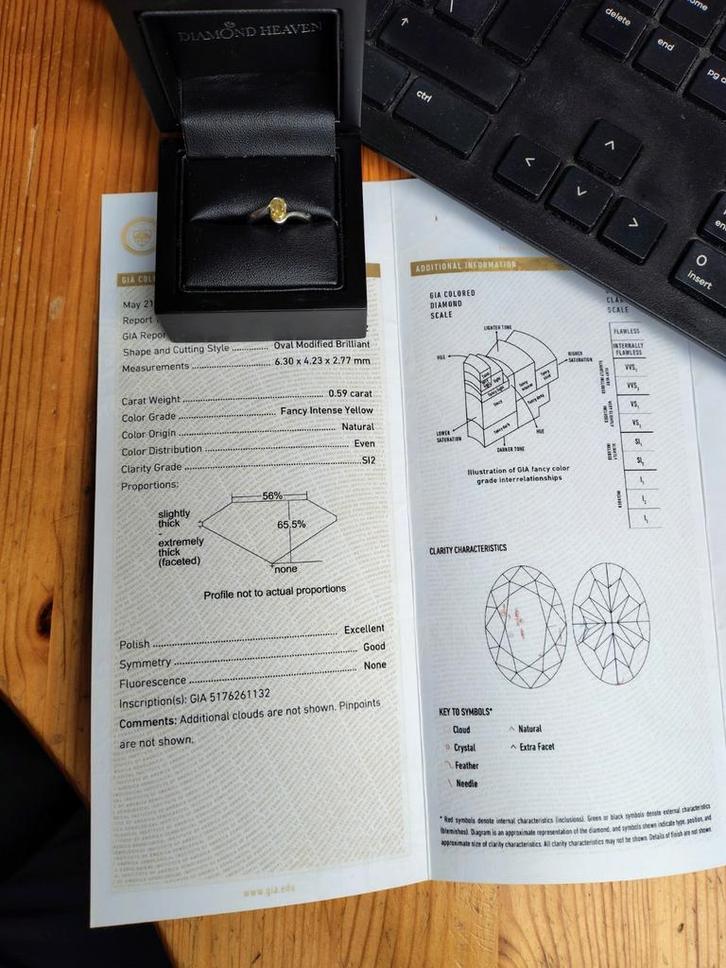 Unieke natuur gele diamant platinum ring met certificaat, Sieraden, Tassen en Uiterlijk, Ringen, Zo goed als nieuw, Dame, Geel