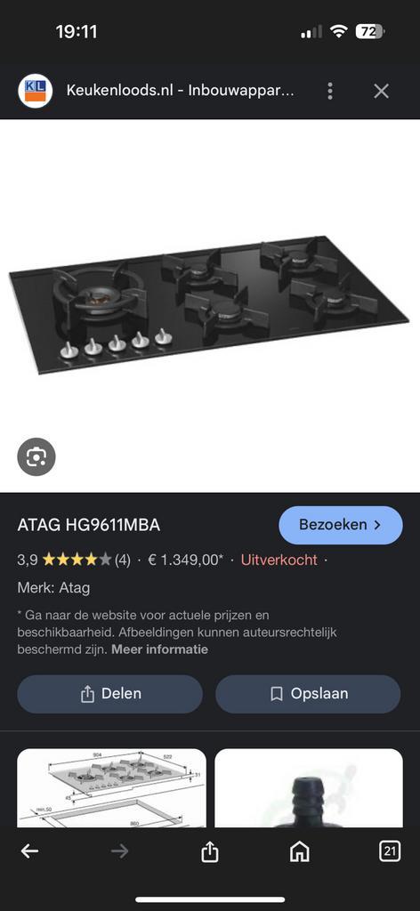 Atag 5 pits gas kookplaat HG9611MBA, Witgoed en Apparatuur, Kookplaten, Gebruikt, Inbouw, Gas, 5 kookzones of meer, Ophalen of Verzenden