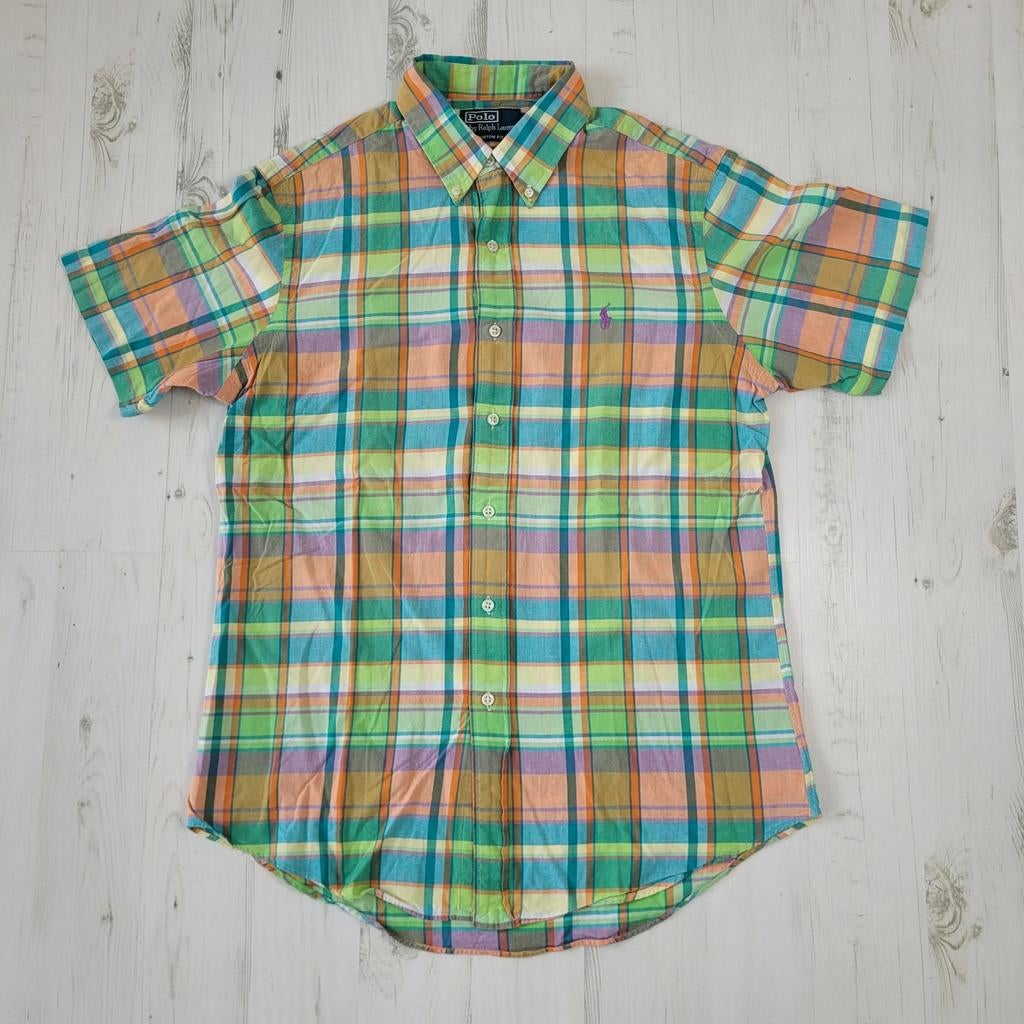 Ralph Lauren overhemd M korte mouwen geruit paarse pony, Ralph Lauren, Zo goed als nieuw, Groen, Halswijdte 39/40 (M)