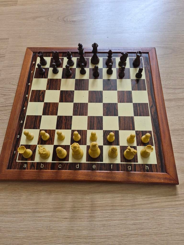 Vintage houten schaak/dambord met schaakstukken, Ophalen of Verzenden, Minder dan 500 stukjes, Gebruikt, Schaken