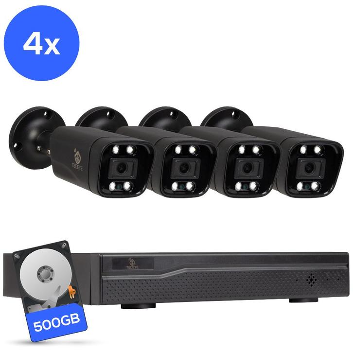 Teceye PoE cameraset 4 stuks met 500GB recorder Zwart CCTV, Audio, Tv en Foto, Videobewaking, Ophalen of Verzenden