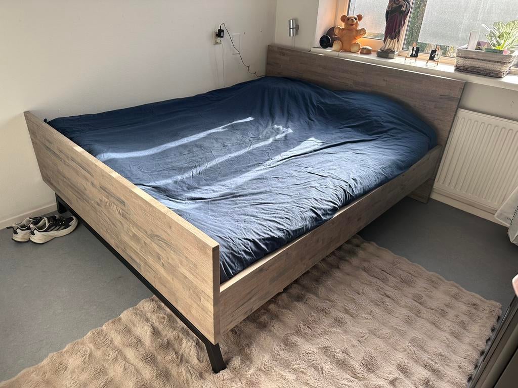 Ledikant - 160 x 200 - Rubberwood Antraciet wax, Ophalen, Bruin, Tweepersoons, Zo goed als nieuw