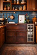 Vintage buffetkast met glas in lood, dressoir, servies kast, Ophalen, Gebruikt, 100 tot 150 cm, Vintage