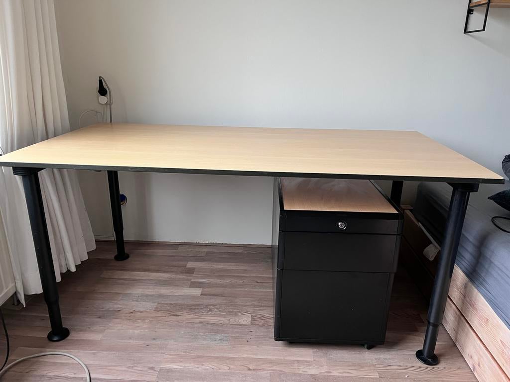 Gispen bureau met ladeblok - 160x80 cm, Huis en Inrichting, Bureaus, Ophalen, Gebruikt, Bruin, Modern