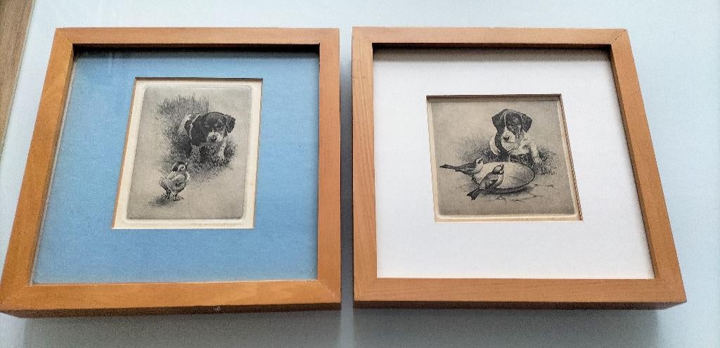 2 etsen met een puppy ca. 1970 Maarten Langbroek (1918-1985), Ophalen of Verzenden