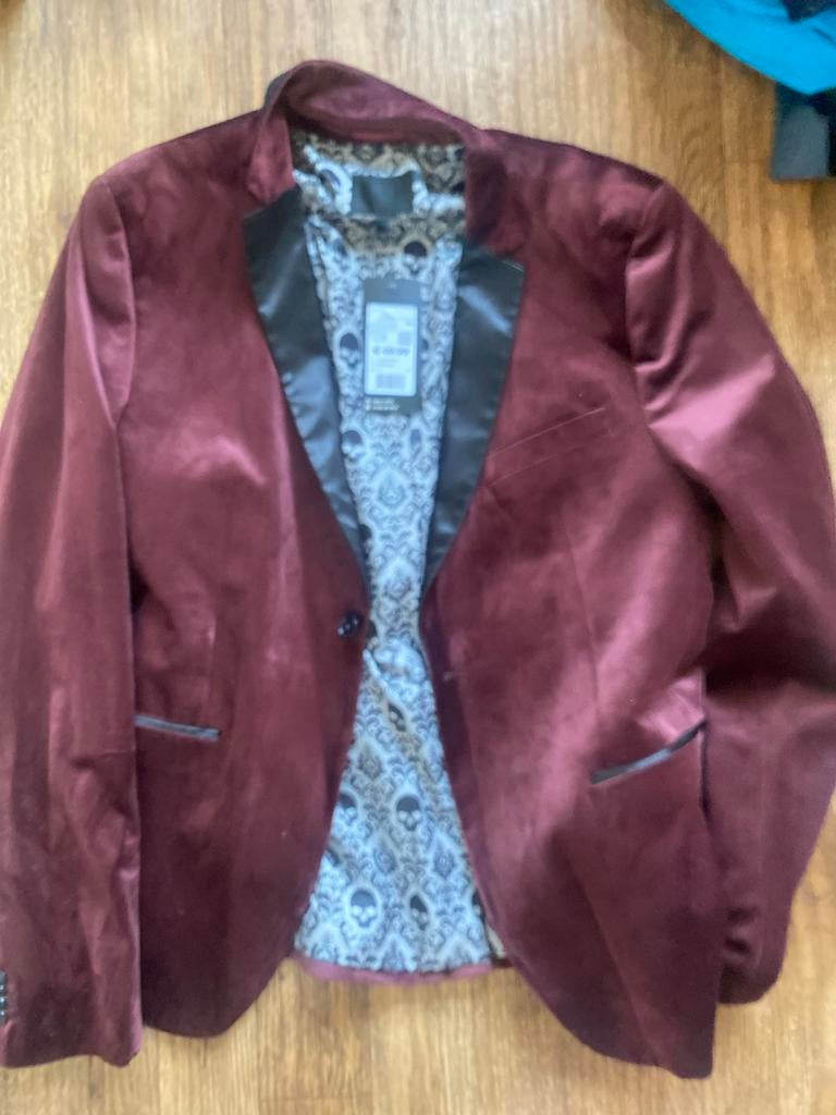 Bordeauxrood fluwelen colbert met doodskop voering, Ophalen of Verzenden, Nieuw, Maat 56/58 (XL), Overige kleuren