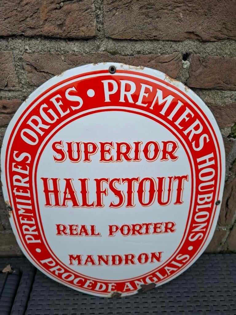Zeer oud emaillebord Mandron Halfstout bier (zeer zeldzaam), Verzamelen, Biermerken, Nieuw, Reclamebord, Plaat of Schild, Overige merken