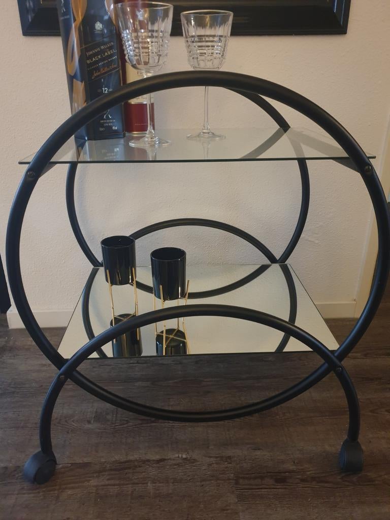 Vintage serveerwagen/ bijzettafel 80's zwart OPHALEN, Ophalen, Minder dan 55 cm, Rechthoekig, Glas
