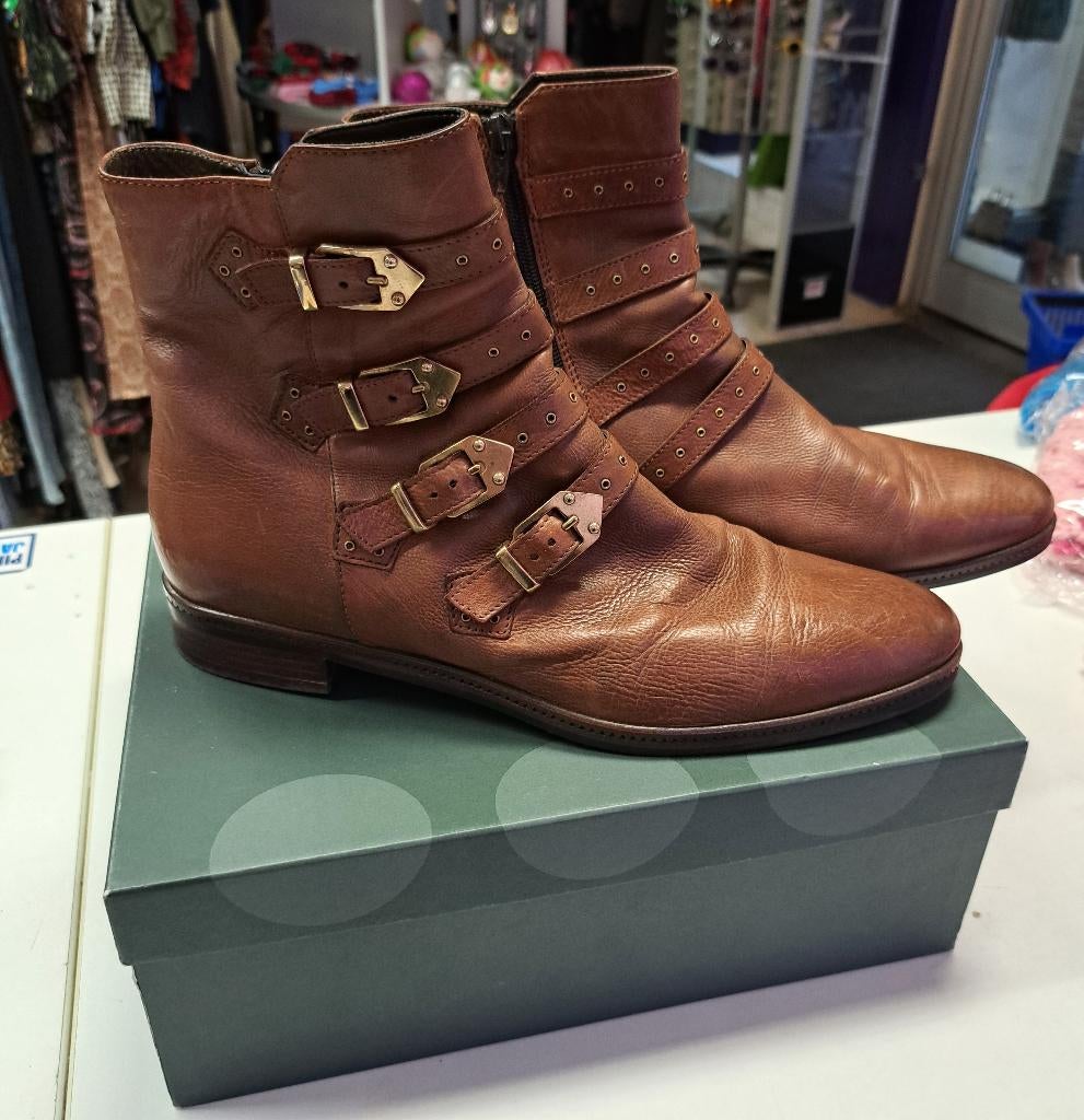 Maripe leren enkellaarzen cognac bruin + riempjes 43 50067, Kleding | Dames, Schoenen, Zo goed als nieuw, Lage of Enkellaarzen