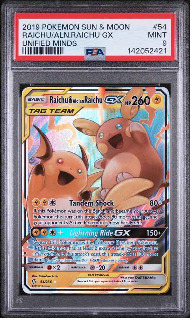 Pokemon Raichu & Alolan Raichu Tag Team PSA 9, Ophalen of Verzenden, Zo goed als nieuw