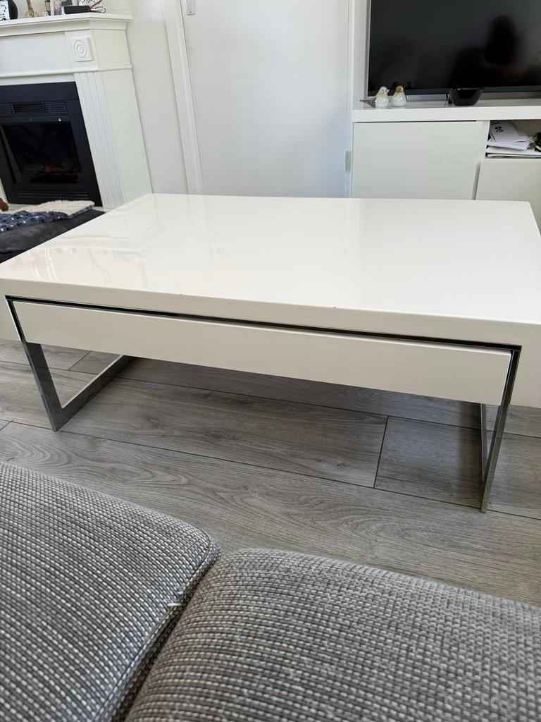 Moderne salontafel met lade - Hoogglans wit, Ophalen, Gebruikt, 100 tot 150 cm, 50 tot 100 cm