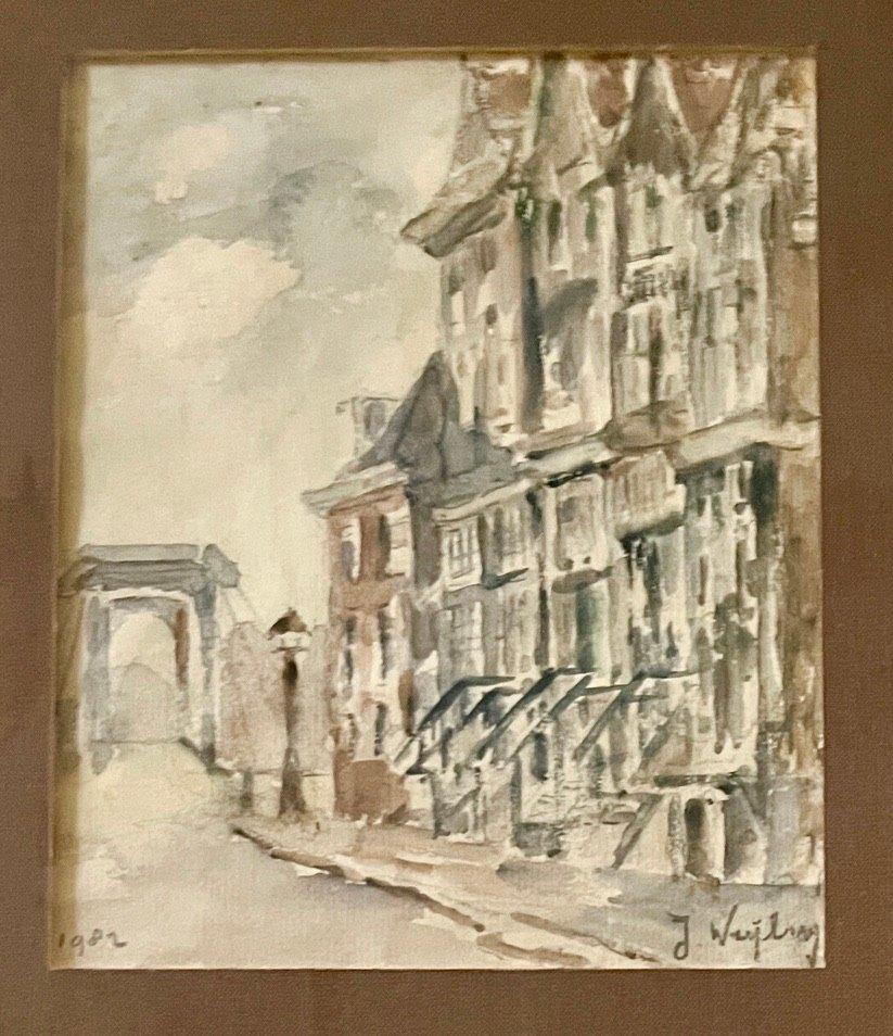 Oude aquarel Stadsgezicht, Antiek en Kunst, Kunst | Schilderijen | Klassiek, Ophalen of Verzenden