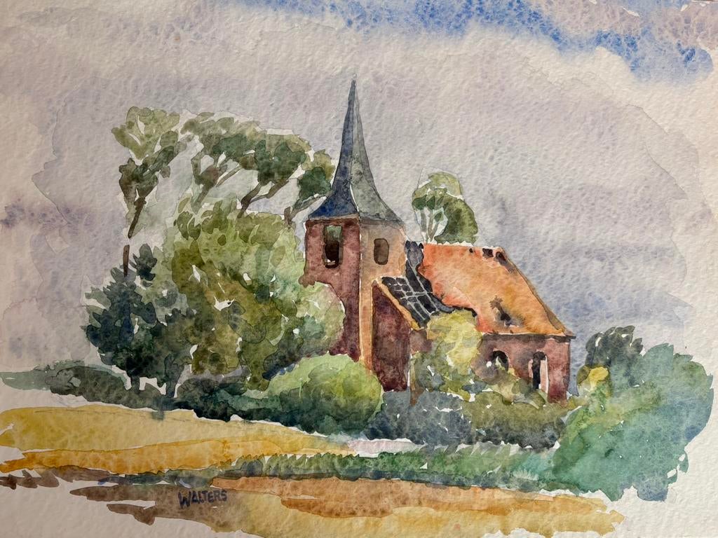 Kerkje Heveskus.  Aquarel, Antiek en Kunst, Kunst | Schilderijen | Klassiek, Ophalen of Verzenden