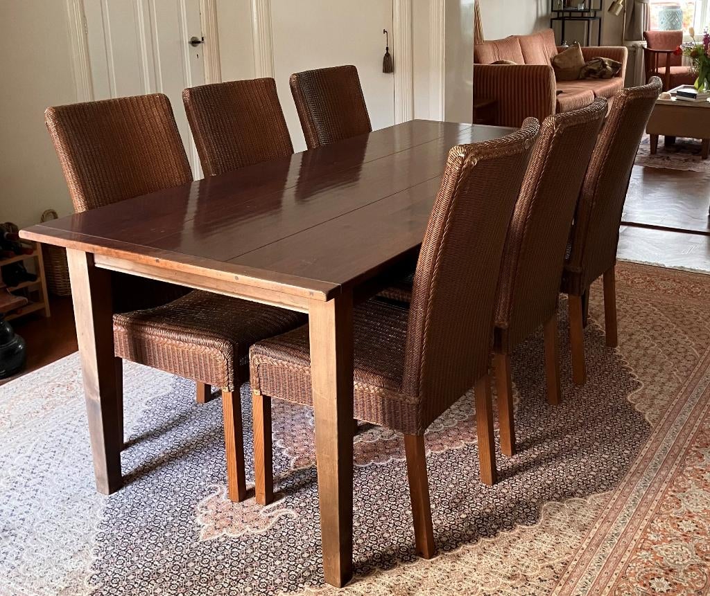 Massief houten eettafel met 6 stoelen, Ophalen, Gebruikt, 50 tot 100 cm, Vijf personen of meer