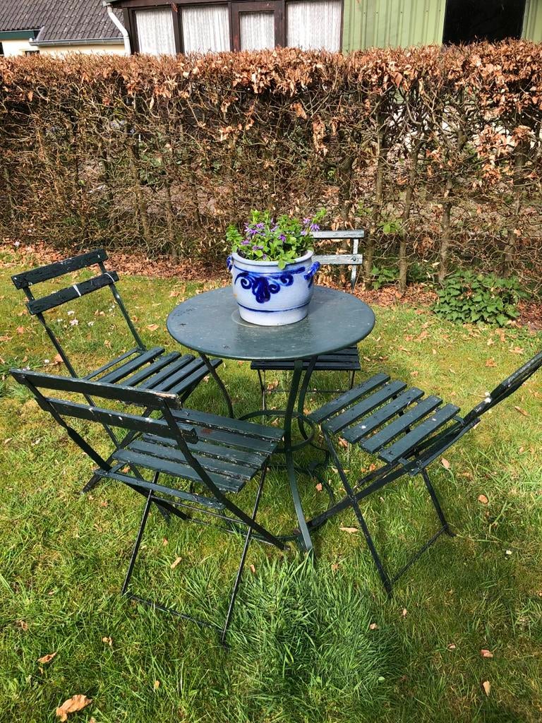 Donkergroene tuinset met ronde tafel en 4stoelen, Overige materialen, Gebruikt, Eettafel, 3 zitplaatsen