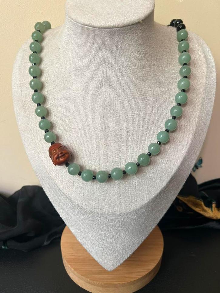 Aventurijn onyx ojime bead Boeddha beschermt geluk uniek, Sieraden, Tassen en Uiterlijk, Kettingen, Nieuw, Steen of Mineraal, Groen