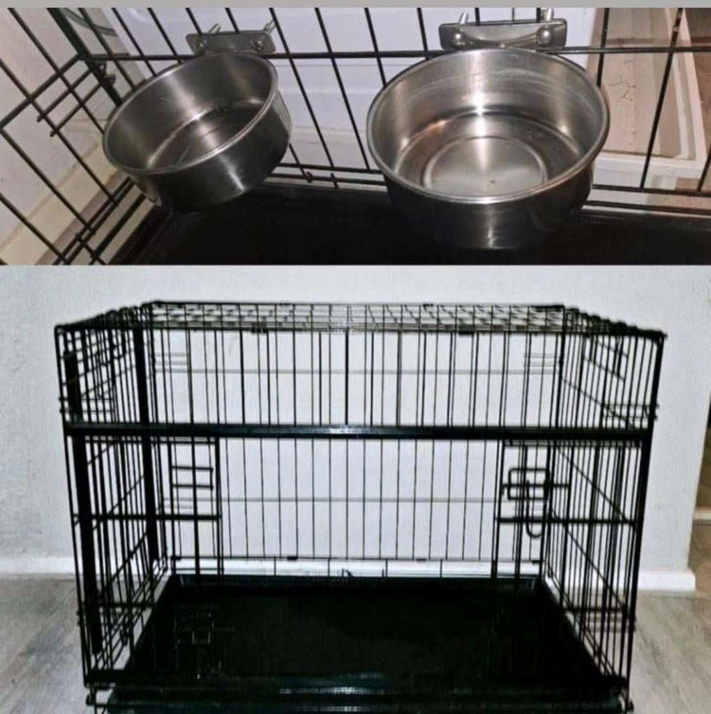 ZGAN Zwarte RVS Hondenbench XL, 2 schuifdeuren, 2 hangbakken, Dieren en Toebehoren, Hondenhokken, Hondenkennel, 65 tot 100 cm