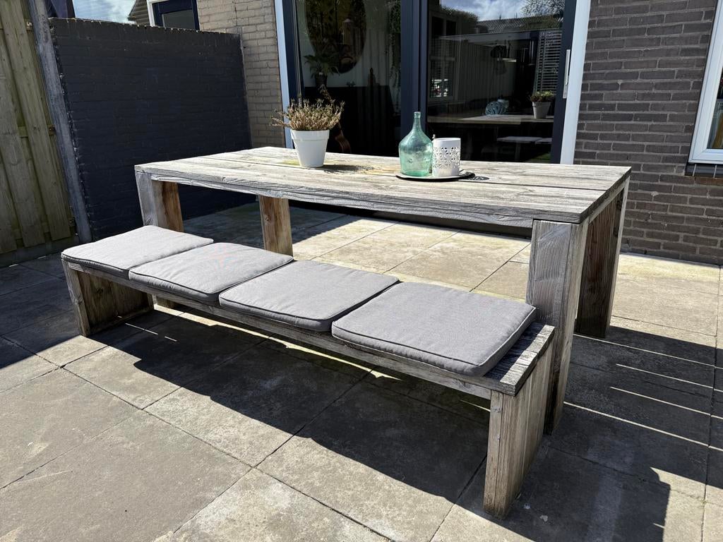 Douglas houten tuintafel met bank, Ophalen, 4 zitplaatsen, Gebruikt, Hout