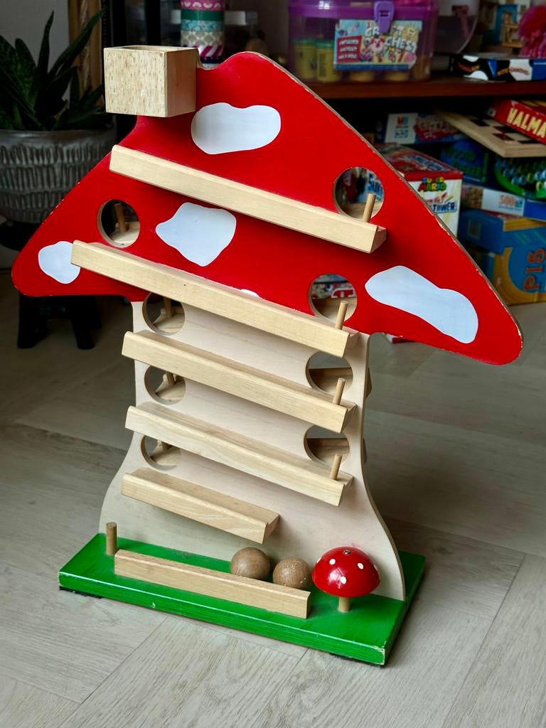 Houten paddenstoel knikkerbaan met houten ballen, Kinderen en Baby's, Speelgoed | Houten speelgoed, Ophalen, Gebruikt, Overige typen