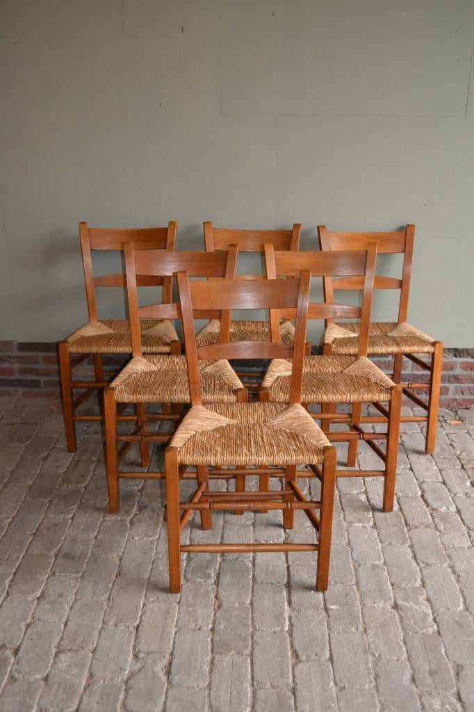 Prachtige set van 6 oude eiken kerkstoelen, keukenstoelen, Verzenden