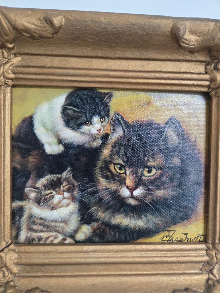 Schilderijtje Moederpoes met Kittens, Ophalen of Verzenden, Gebruikt, Dier