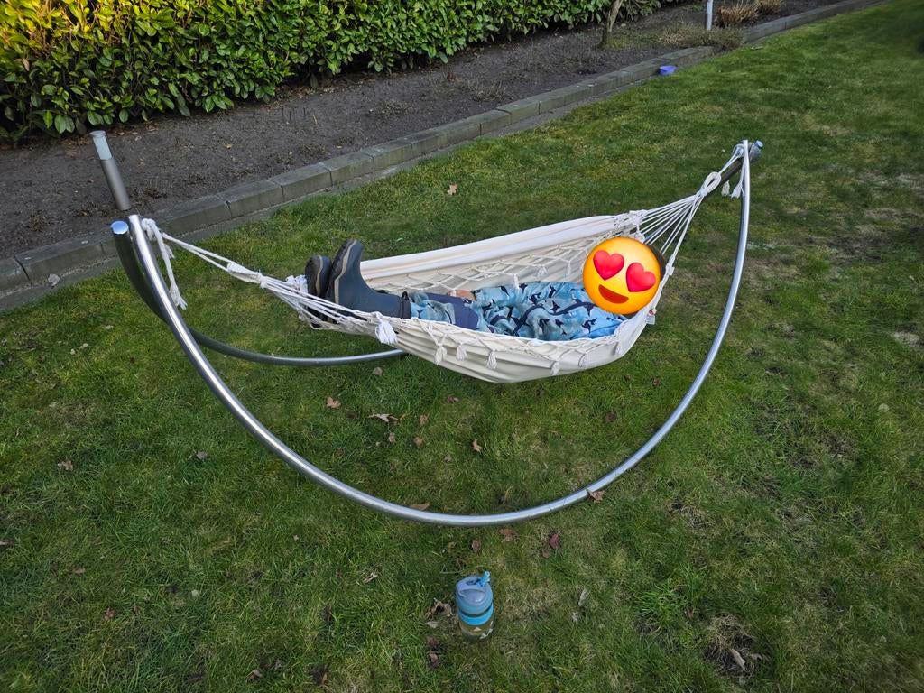 Marañon baby hangmat katoen + rvs standaard, Ophalen, Inklapbaar, Zo goed als nieuw, Eenpersoons